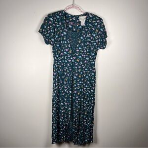 Vintage Olivia Rose Teal Floral Cottagecore Trad Wife Long SS Tie Back Dress 8P
